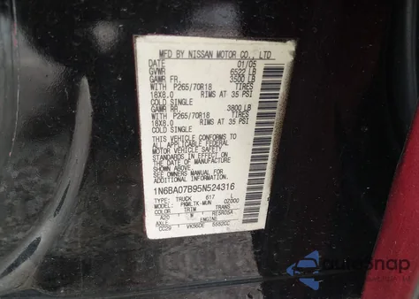 2005 Nissan Titan Se z USA, uszkodzony, nr VIN 1N6BA07B95N524316